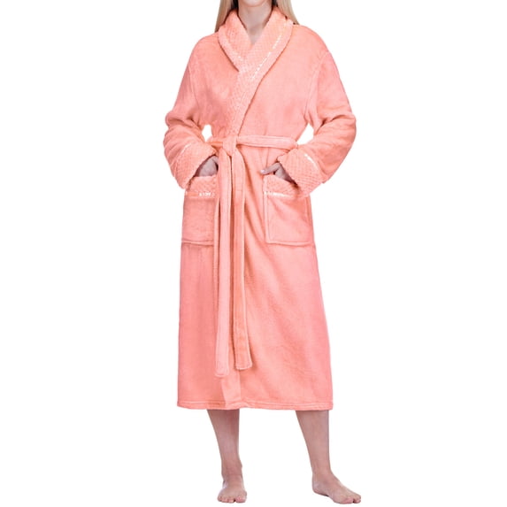 PAVILIA Plush Fleece Robe for Women, Soft Cozy Long Bathrobe with Satin Waffle Trim, Warm Lightweight Spa Robe, Housecoat with Pockets & Tie Belt, Coral Peach, S/M