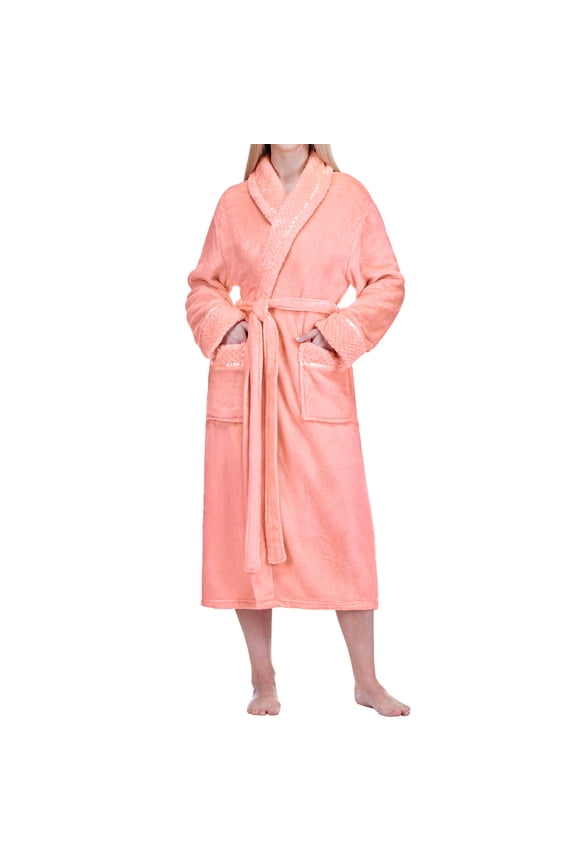 Soft Plush Women Fleece Robe, Coral Peach Orange Cozy Bathrobe, Female Long Spa Robe, Warm Housecoat, Satin Waffle Trim, S/M