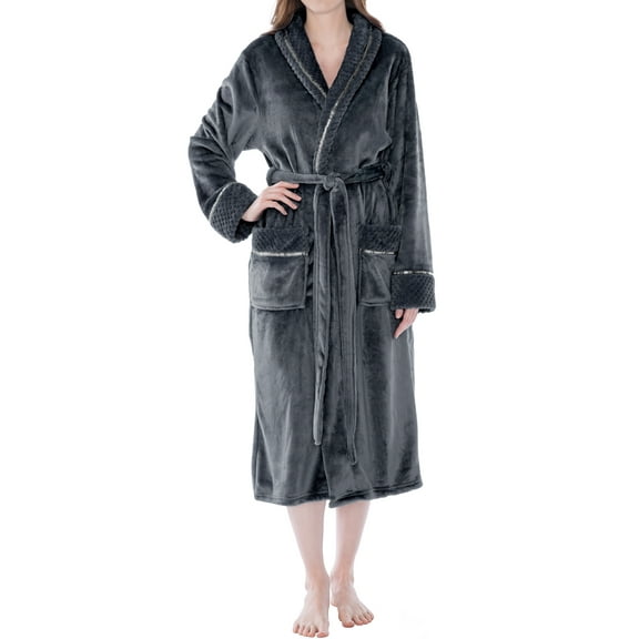 PAVILIA Soft Plush Women Fleece Robe, Grey Cozy Bathrobe, Female Long Spa Robe, Warm Housecoat, Satin Waffle Trim, L/XL
