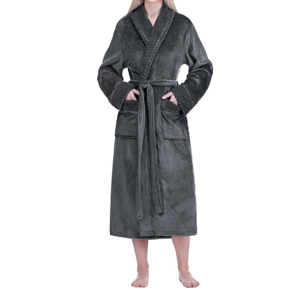 PAVILIA Plush Fleece Robe for Women, Soft Cozy Long Bathrobe with Satin Waffle Trim, Warm Lightweight Spa Robe, Housecoat with Pockets & Tie Belt, Gray, S/M