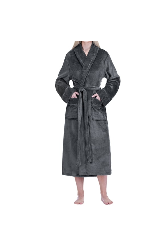 Womens Plush Fleece Robe, Soft Cozy Long Bathrobe, Dark Gray S/M