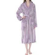 PAVILIA Soft Plush Women Fleece Robe, Lavender Light Purple Cozy Bathrobe, Female Long Spa Robe, Warm Housecoat, Satin Waffle Trim, S/M