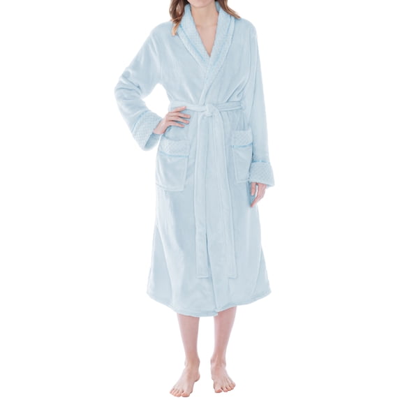 PAVILIA Soft Plush Women Fleece Robe, Light Blue Cozy Bathrobe, Female Long Spa Robe, Warm Housecoat, Satin Waffle Trim, L/XL