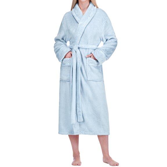 PAVILIA Soft Plush Women Fleece Robe, Light Blue Cozy Bathrobe, Female Long Spa Robe, Warm Housecoat, Satin Waffle Trim, S/M
