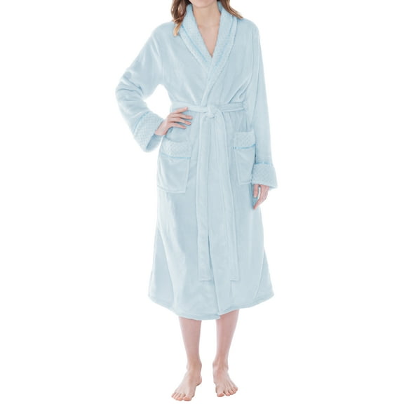 PAVILIA Soft Plush Women Fleece Robe, Light Blue Cozy Bathrobe, Female Long Spa Robe, Warm Housecoat, Satin Waffle Trim, S/M