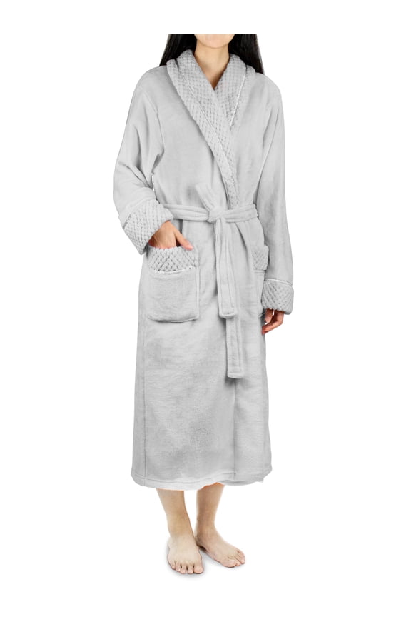 Soft Plush Women Fleece Robe, Light Grey Cozy Bathrobe, Female Long Spa Robe, Warm Housecoat, Satin Waffle Trim, 2XL/3XL