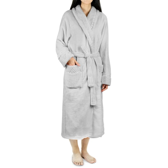 PAVILIA Soft Plush Women Fleece Robe, Light Grey Cozy Bathrobe, Female Long Spa Robe, Warm Housecoat, Satin Waffle Trim, S/M