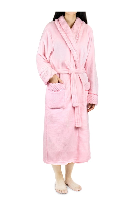 Soft Plush Women Fleece Robe, Pink Cozy Bathrobe, Female Long Spa Robe, Warm Housecoat, Satin Waffle Trim, L/XL