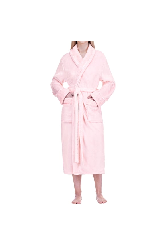 Plush Fleece Robe for Women, Soft Cozy Long Bathrobe with Satin Waffle Trim, Warm Lightweight Spa Robe, Housecoat with Pockets & Tie Belt, Pink, S/M