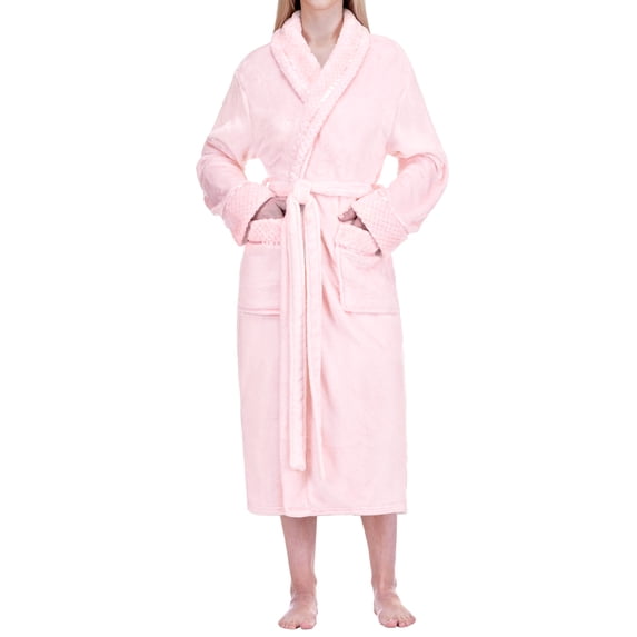PAVILIA Plush Fleece Robe for Women, Soft Cozy Long Bathrobe with Satin Waffle Trim, Warm Lightweight Spa Robe, Housecoat with Pockets & Tie Belt, Pink, S/M