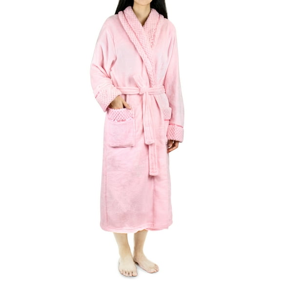 PAVILIA Soft Plush Women Fleece Robe, Pink Cozy Bathrobe, Female Long Spa Robe, Warm Housecoat, Satin Waffle Trim, S/M