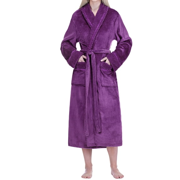 PAVILIA Plush Fleece Robe for Women, Soft Cozy Long Bathrobe with Satin Waffle Trim, Warm Lightweight Spa Robe, Housecoat with Pockets & Tie Belt, Purple, L/XL