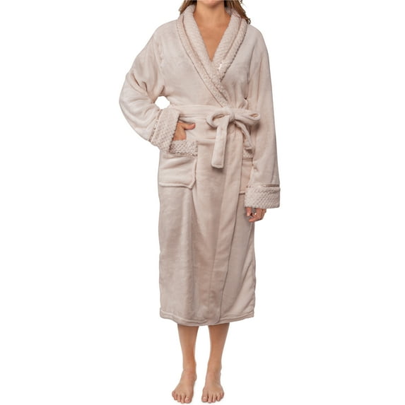 PAVILIA Soft Plush Women Fleece Robe, Taupe Light Brown Cozy Bathrobe, Female Long Spa Robe, Warm Housecoat, Satin Waffle Trim, L/XL