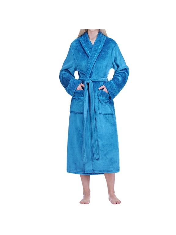 Womens Plush Fleece Robe, Soft Cozy Long Bathrobe, Teal Blue S/M