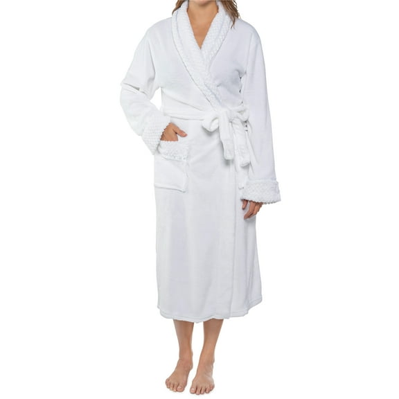 PAVILIA Soft Plush Women Fleece Robe, White Cozy Bathrobe, Female Long Spa Robe, Warm Housecoat, Satin Waffle Trim, L/XL