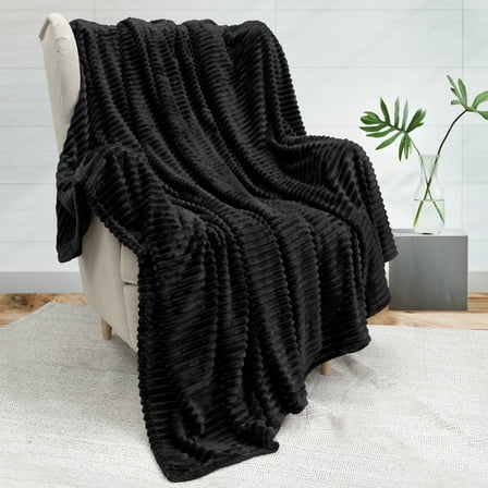PAVILIA Super Soft Fleece Throw Blanket Black, Luxury Fuzzy Plush Flannel Throw, Warm Cozy Ribbed Microfiber Blanket for Sofa Couch Bed, Lightweight Striped Blanket, Black, 50x60