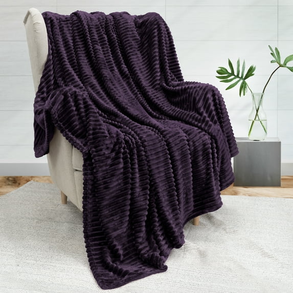 PAVILIA Super Soft Fleece Throw Blanket Eggplant Purple, Luxury Fuzzy Plush Flannel Throw, Warm Cozy Ribbed Microfiber Blanket for Sofa Couch Bed, Lightweight Striped Blanket, Purple, 50x60