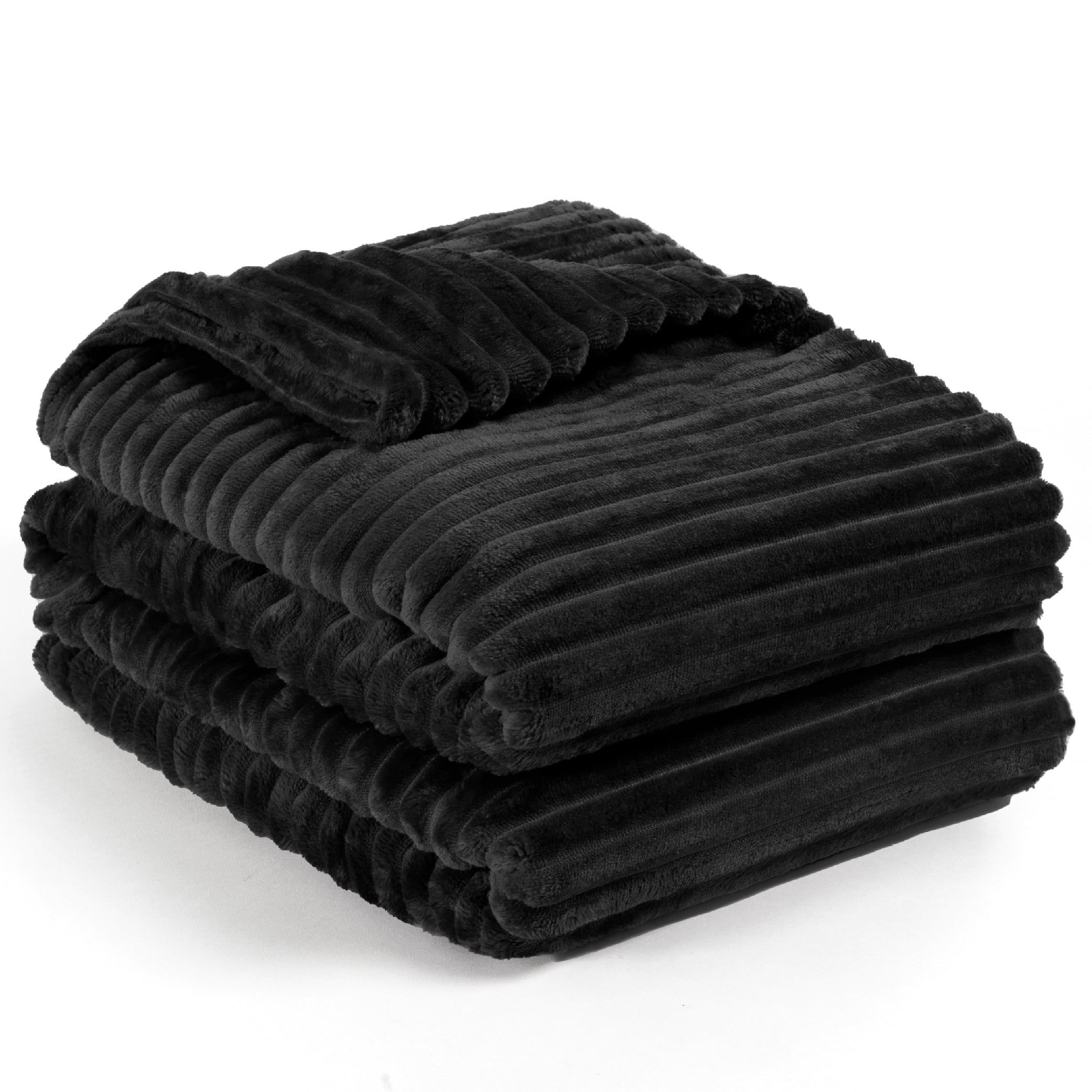 PAVILIA Super Soft Fleece Throw Blanket Twin Black, Fuzzy Plush Flannel Throw, Warm Cozy Ribbed Microfiber Blanket for Sofa Couch Bed, Lightweight Striped Blanket, Black, 60x80