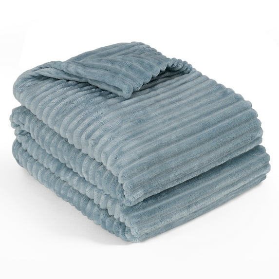 PAVILIA Super Soft Fleece Throw Blanket Twin Dusty Slate Blue, Fuzzy Plush Flannel Throw, Warm Cozy Ribbed Microfiber Blanket for Sofa Couch Bed, Lightweight Striped Blanket, Blue, 60x80