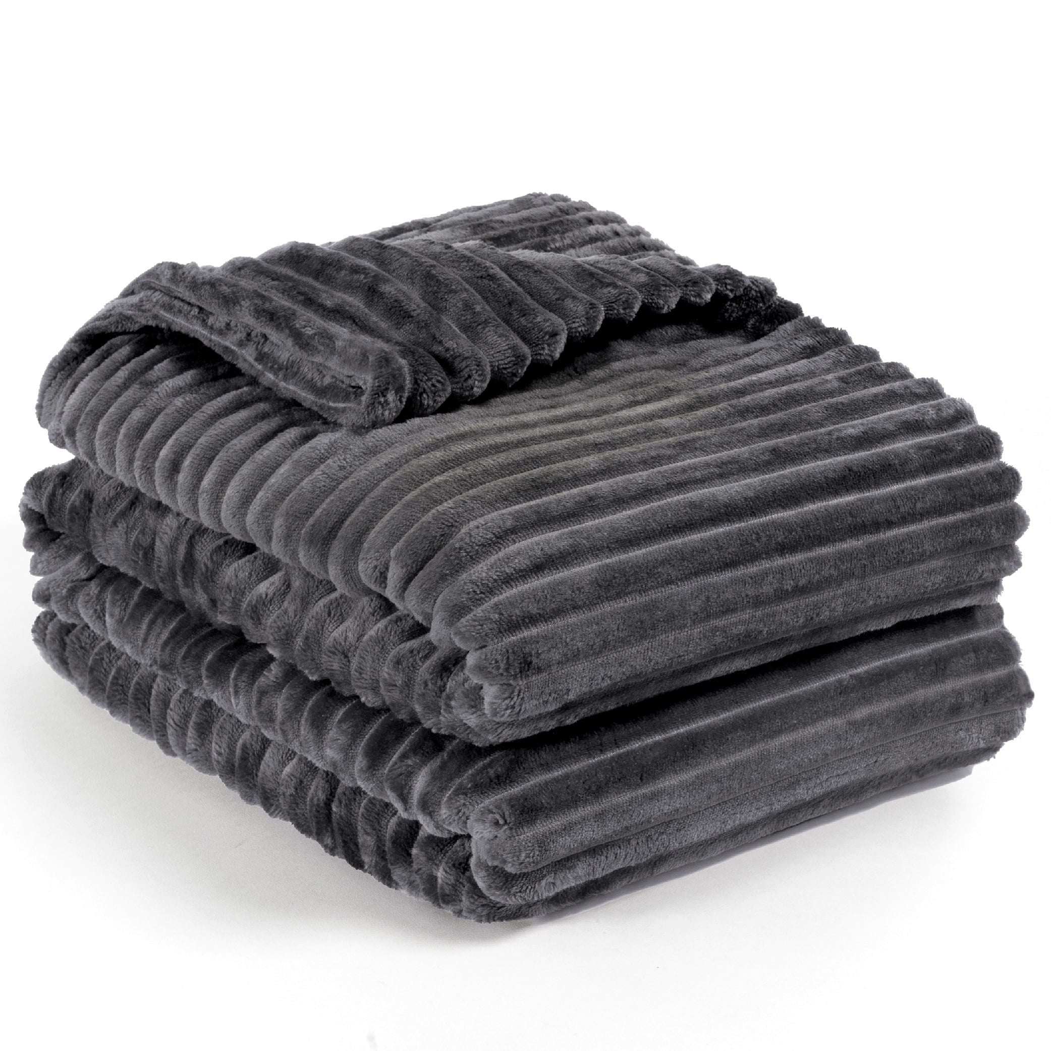 PAVILIA Super Soft Fleece Throw Blanket Twin Grey, Fuzzy Plush Flannel Throw, Warm Cozy Ribbed Microfiber Blanket for Sofa Couch Bed, Lightweight Striped Blanket, Grey, 60x80