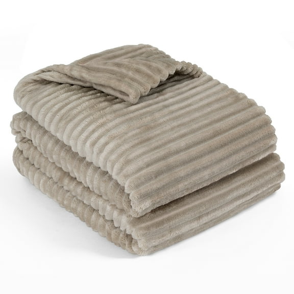 PAVILIA Super Soft Fleece Throw Blanket Twin Taupe Tan Camel, Fuzzy Plush Flannel Throw, Warm Cozy Ribbed Microfiber Blanket for Sofa Couch Bed, Lightweight Striped Blanket, Taupe, 60x80