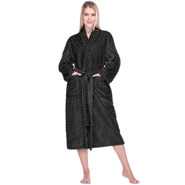 PAVILIA Super Soft Womens Robe Black, Fluffy Plush Fuzzy Cozy House Shower Bathrobe, Ribbed Striped Warm Fleece Long Robe for Womens, S/M
