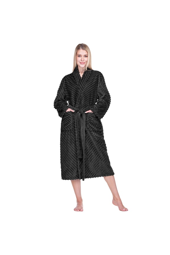 Super Soft Womens Robe Black, Fluffy Plush Fuzzy Cozy House Shower Bathrobe, Ribbed Striped Warm Fleece Long Robe for Womens, S/M