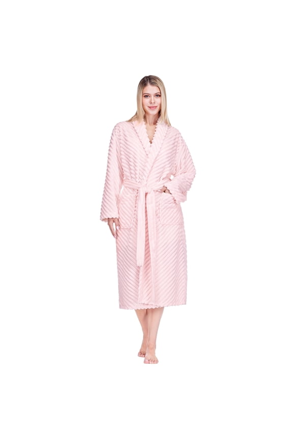 Super Soft Womens Robe Pink, Fluffy Plush Fuzzy Cozy House Shower Bathrobe, Ribbed Striped Warm Fleece Long Robe for Women, Plus Size 2XL/3XL