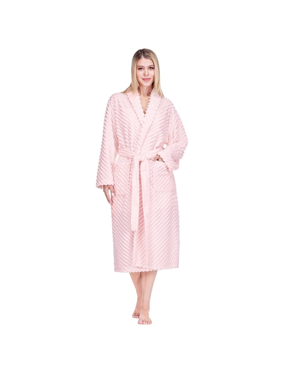Womens Plush Fleece Robe, Super Soft Long Bathrobe, Light Pink, S/M