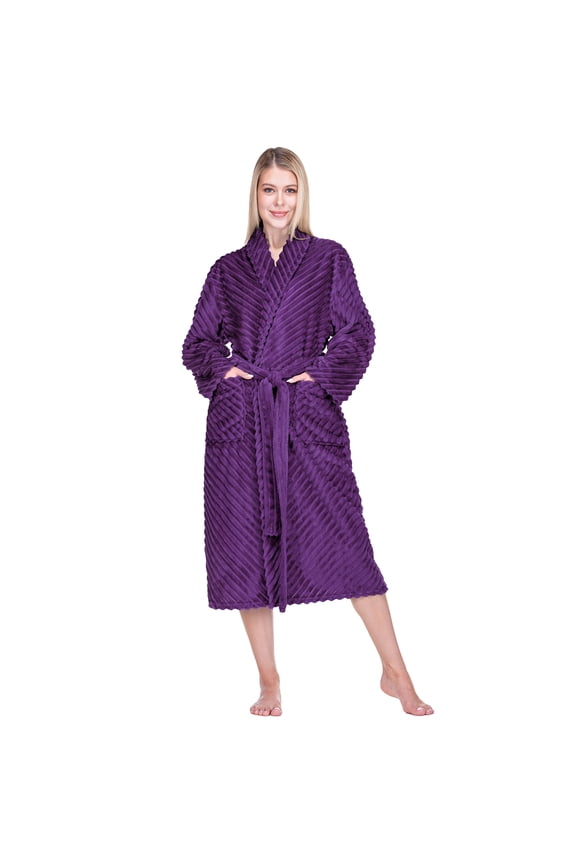 Super Soft Womens Robe Purple, Fluffy Plush Fuzzy Cozy House Shower Bathrobe, Ribbed Striped Warm Fleece Long Robe for Women, Plus Size 2XL/3XL