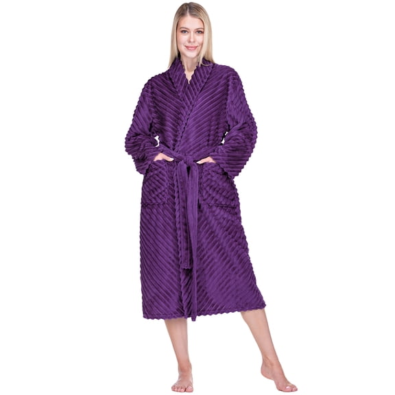 PAVILIA Womens Plush Fleece Robe, Super Soft Long Bathrobe with Pockets, Cozy Lightweight Ribbed House Robe for Spa Lounging, Purple, L/XL