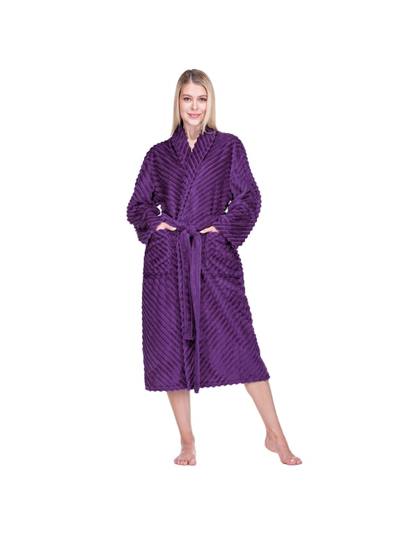 Womens Plush Fleece Robe, Super Soft Long Bathrobe, Purple, L/XL