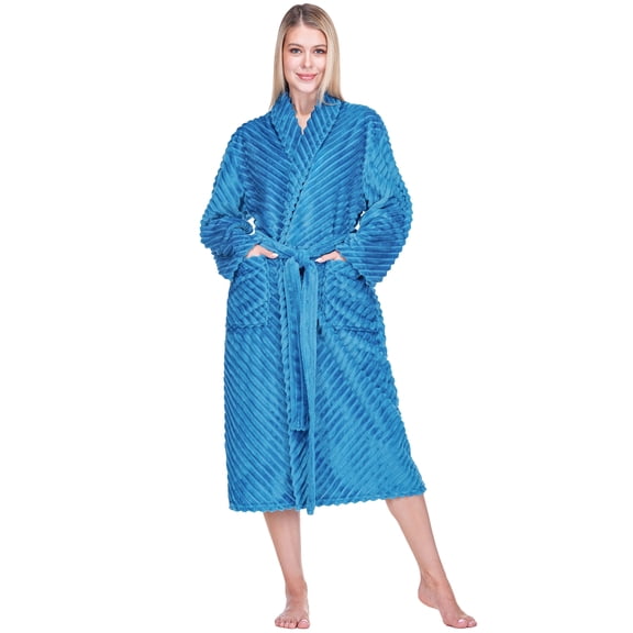 PAVILIA Super Soft Womens Robe Teal Blue, Fluffy Plush Fuzzy Cozy House Shower Bathrobe, Ribbed Striped Warm Fleece Long Robe for Women, Plus Size 2XL/3XL