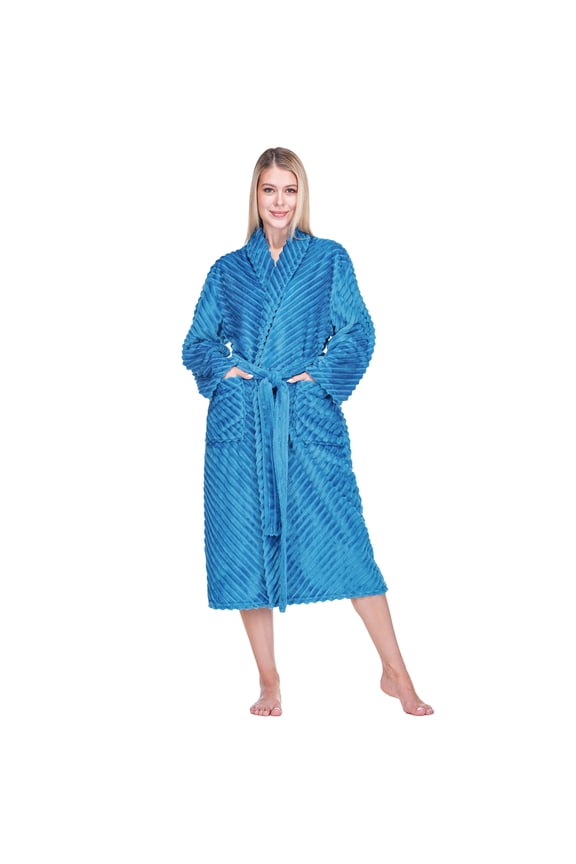 Super Soft Womens Robe Teal Blue, Fluffy Plush Fuzzy Cozy House Shower Bathrobe, Ribbed Striped Warm Fleece Long Robe for Women, L/XL