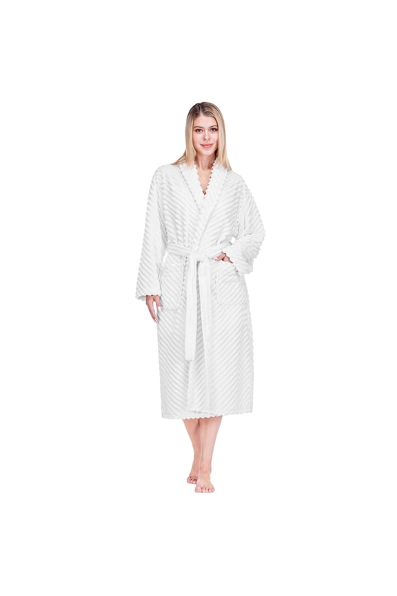 Super Soft Womens Robe White, Fluffy Plush Fuzzy Cozy House Shower Bathrobe, Ribbed Striped Warm Fleece Long Robe for Women, Plus Size 2XL/3XL