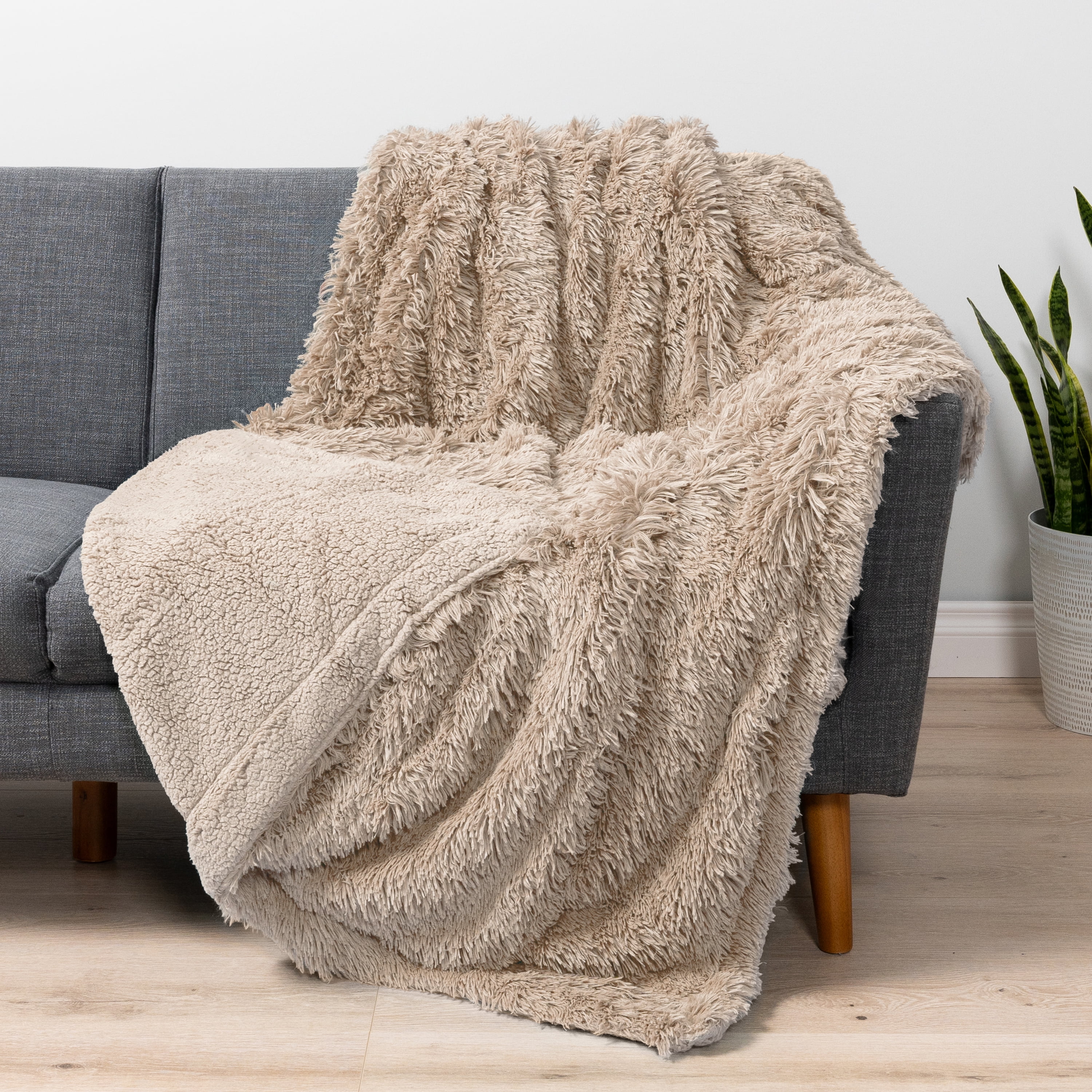 Pavilia Fluffy Taupe Faux Fur Sherpa Throw Blanket 60x80 Inches