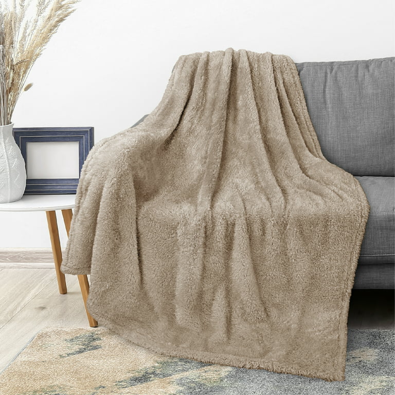PAVILIA Taupe Tan Plush Throw Blanket for Couch, Sherpa Soft Cozy