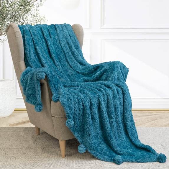PAVILIA Teal Blue Sherpa Throw Blanket with Soft Pom Pom Fringe, Plush Cozy Warm Blankets for Couch Bed Sofa, Fuzzy Fleece Throw with Pompom, Lightweight Fluffy, Turquoise 50x60 in