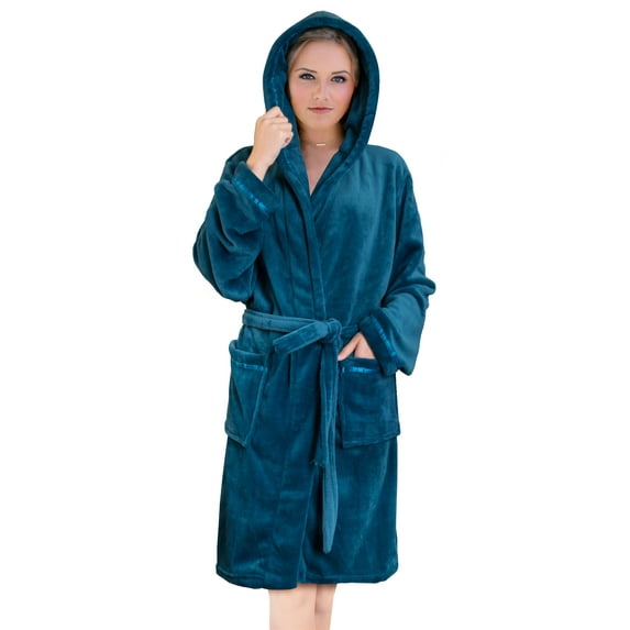 PAVILIA Teal Blue Short Robes for Women, Plush Soft Womens Bathrobe Lightweight, Fluffy Fuzzy Cozy Women’s Bath Robe Knee Length, Shower Spa House Kimono Robe, S/M