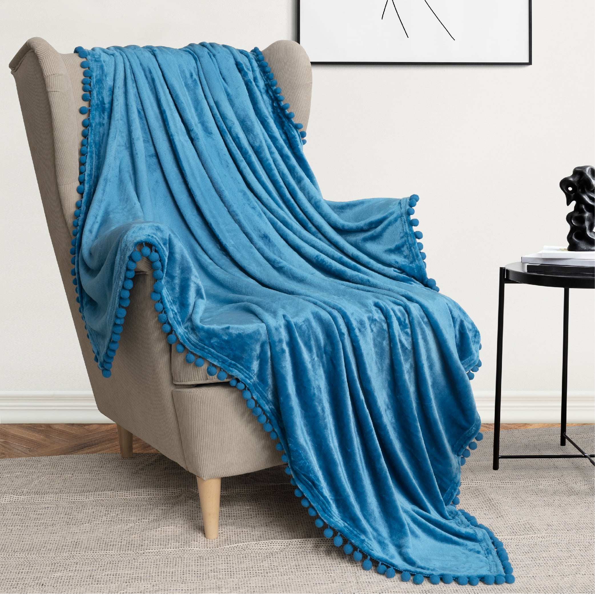 Teal Blue Twin Fleece Pom Pom Fringe Blanket