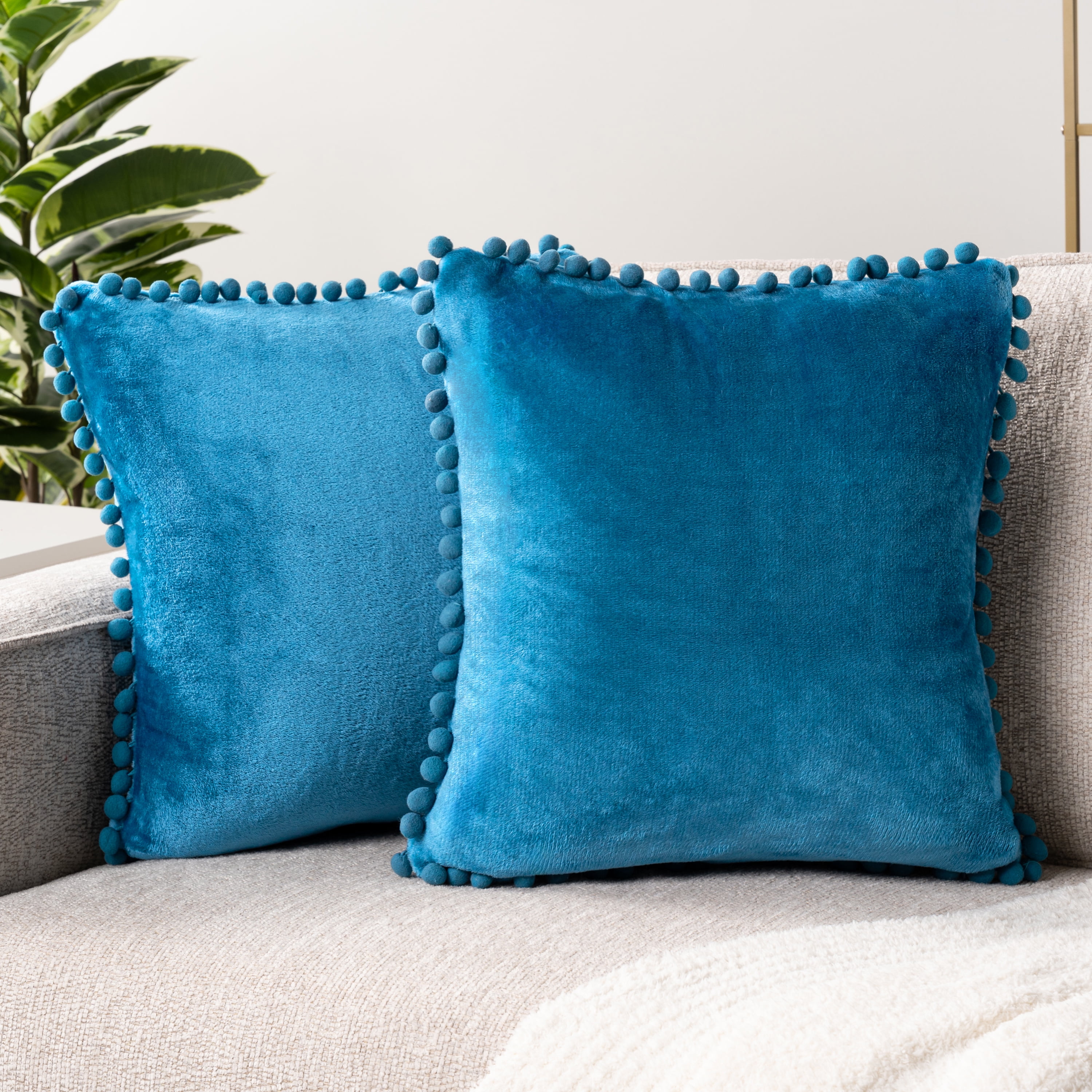 PAVILIA Teal Blue Throw Pillow Covers with Pom Pom 18x18 Set of 2 ...