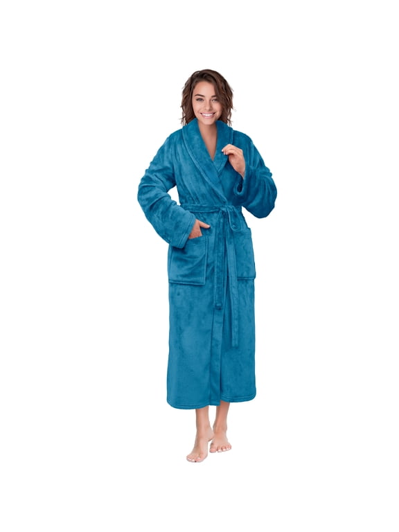 Teal Blue Womens Robe, Fleece Plush Soft Fluffy Bathrobe, L/XL