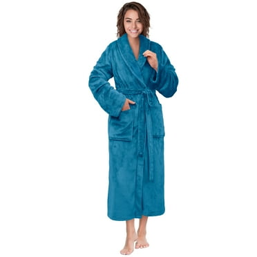 PAVILIA Teal Blue Women Robe Fleece Plush Soft, Fluffy Fuzzy Cozy Warm Lightweight Bathrobe, Shower Spa House Long Robe for Women, S/M