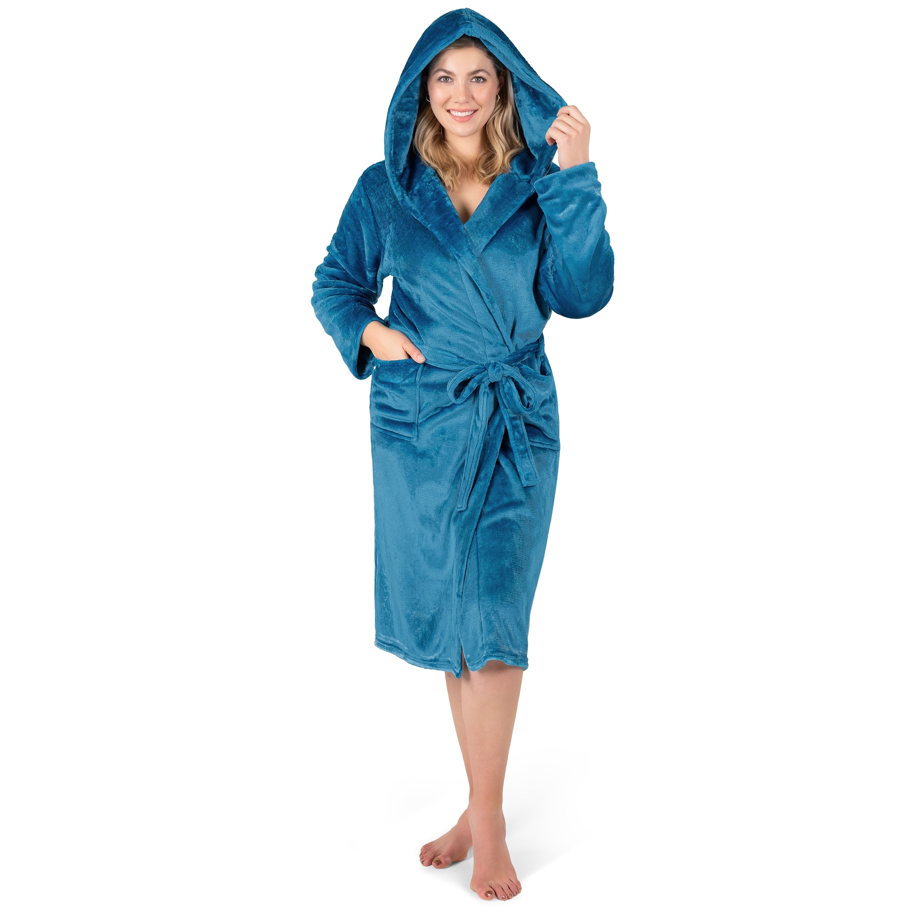 PAVILIA Teal Blue Women Robe with Hood, Fleece Lightweight Soft Long ...