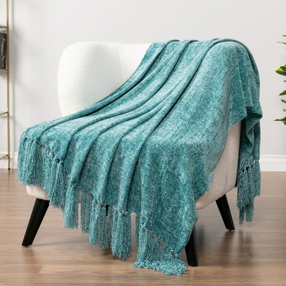 PAVILIA Teal Green Chenille Throw Blanket for Couch, Soft Turquoise Knit Blanket with Tassel Fringe, Woven Chenille Knitted Decorative Blanket for Sofa Bed Living Room, Decor Gift, 50x60