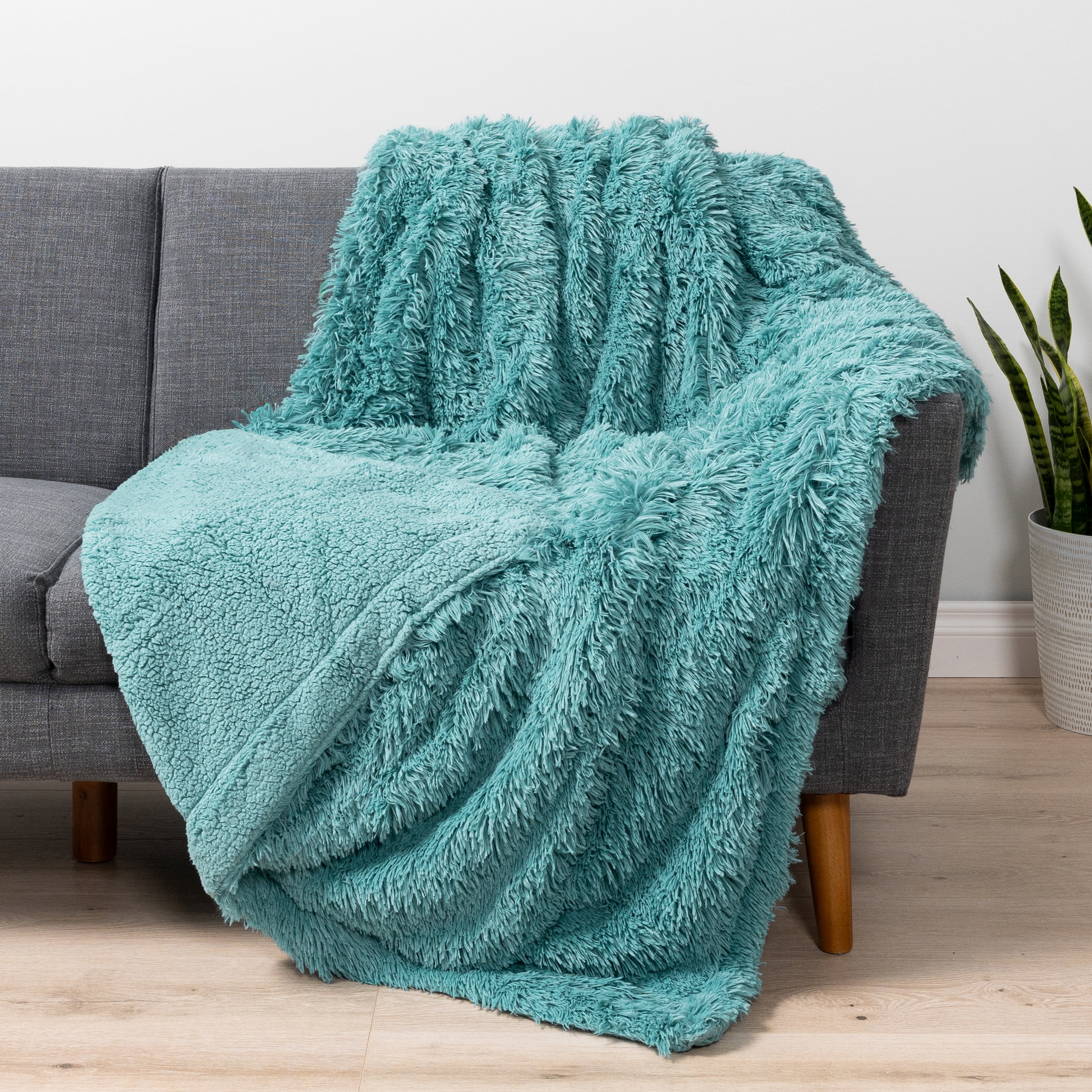Teal Faux Fur Throw CHANASYA Solid Turquoise Shaggy Faux Long Fur