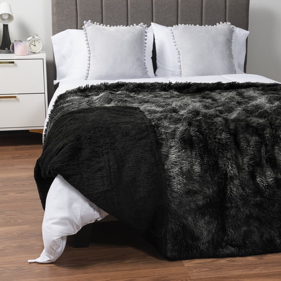PAVILIA Tie Dye Black Fluffy Fuzzy Faux Fur King Size Bed Blanket, 90x108