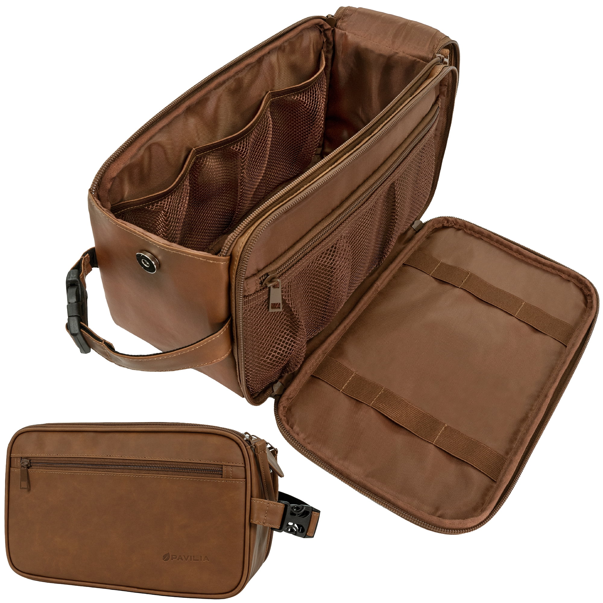 PAVILIA Toiletry Bag for Men, Travel Essentials Shaving Dopp Kit, Mens Travel Bag Toiletries Organizer Case for Grooming, PU Leather Water Resistant Cosmetic Bag Pouch (XL, Brown)