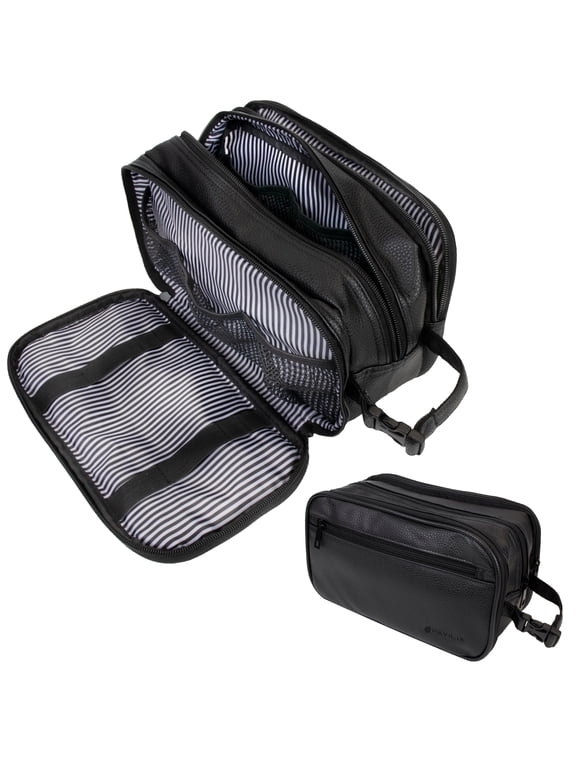 Toiletry Bag for Men, Travel Toiletries Bag | Water-resistant Dopp Kit, PU Leather Shaving Pouch Organizer for Accessories, Cosmetic, Hygiene, Grooming Essentials (Black)