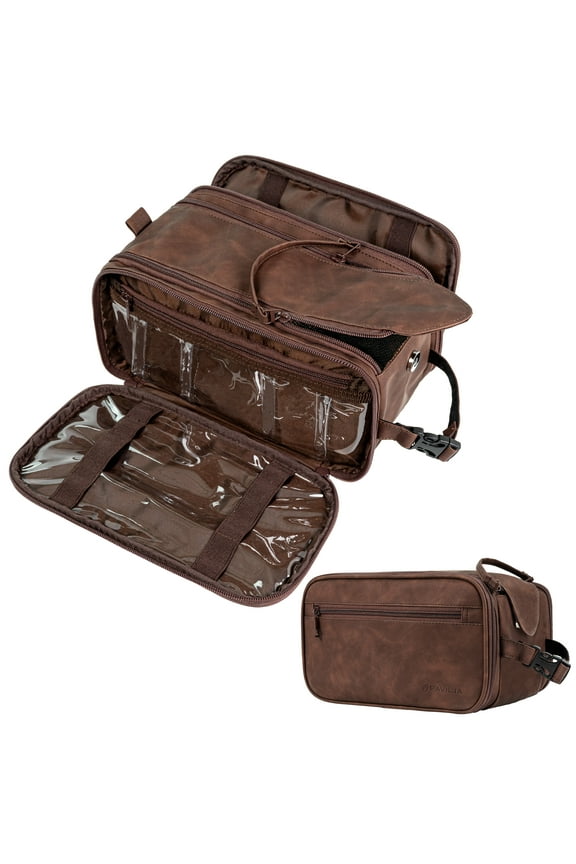 Toiletry Bag for Men Women, Mens Travel Bag Toiletries Organizer Case for Grooming, Travel Essentials Shaving Dopp Kit, PU Leather Water Resistant Cosmetic Pouch, Dark Brown